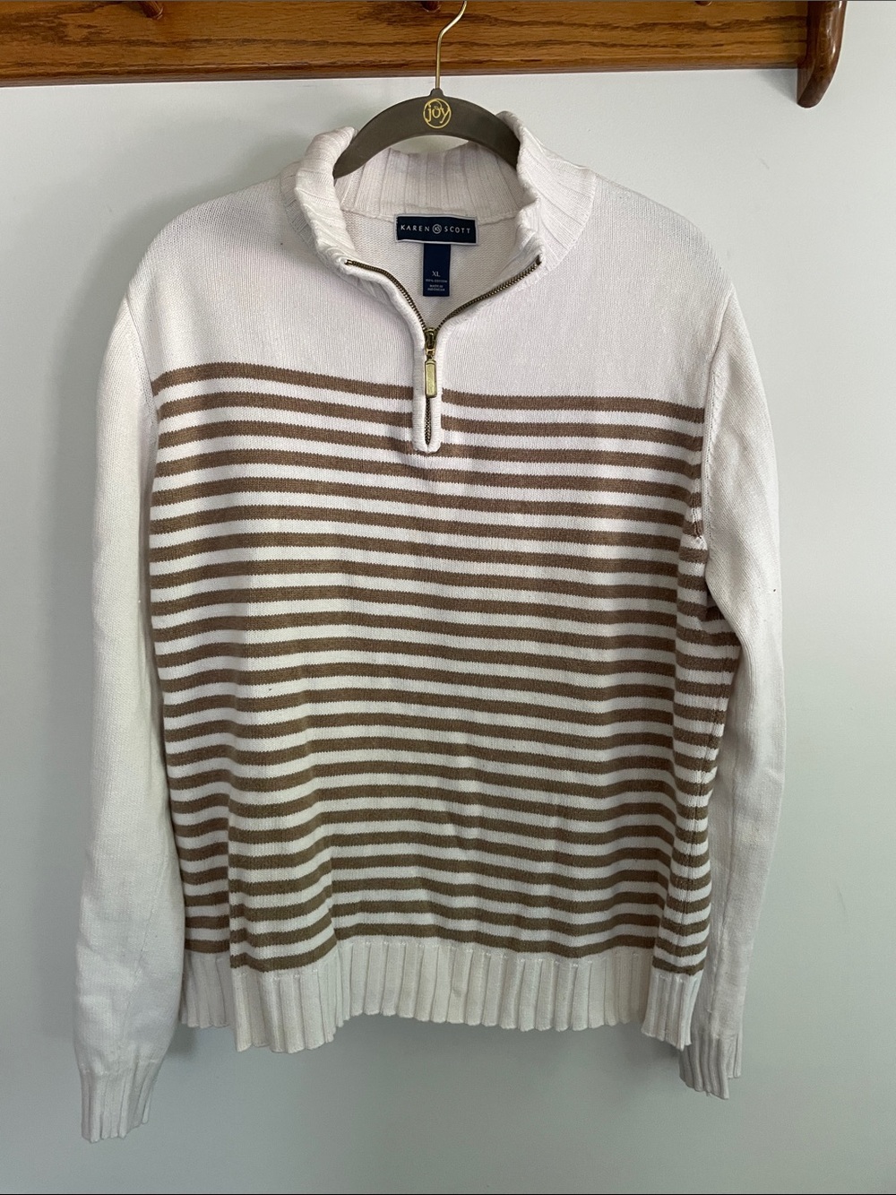 Karen Scott Cream and Brown Striped Quarter-Zip Sweater